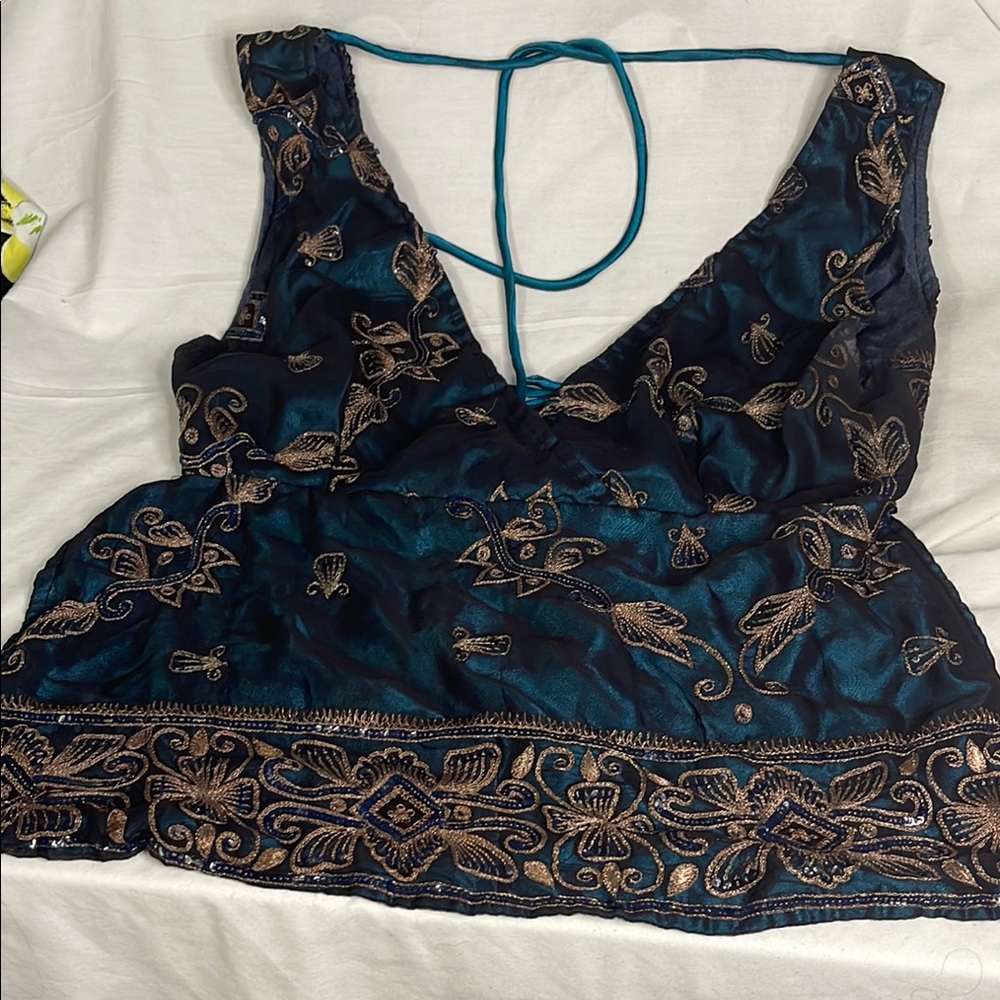 Embroidered Teal and Gold Crop Top